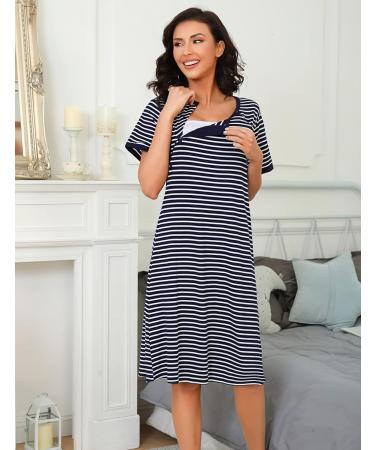 Sykooria Women's Maternity Nightdress Breastfeeding Nightwear - Short Sleeve Nursing Nightgown in Stripe Dark Blue XL - Buy Online on GoSupps.com