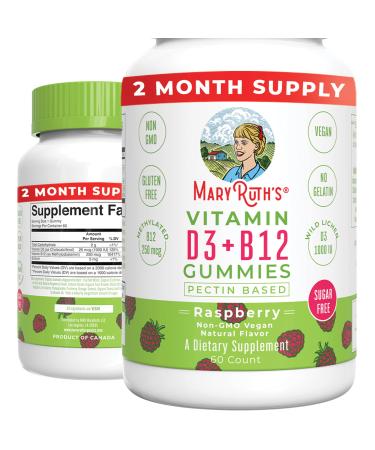 Vitamin D3 + Vitamin B12 | Sugar Free | 2 Month Supply | Vitamin D & B12 Vitamin Gummy Supplements for Adults & Kids | Supports Bone Health | Energy Boost | Vegan | Non-GMO | Gluten Free | 60 Servings