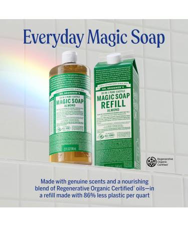 Dr. Bronner's Pure-Castile Magic Soap Liquid- Made with Regenerative Organic Certified Oils- For Body Face Hair Dishes Laundry Vegan Bath Soaps for Men & Women Non-GMO- Almond 32oz + Refill - Buy Online on GoSupps.com