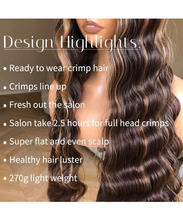BlackSwern 30 Honey Blonde Highlight Deep Wave Lace Front Wig - HD Lace, Pre Plucked, Glueless - 30 Long Ombre Crimps Hair Synthetic Wig for Black Women - Buy Online on GoSupps.com