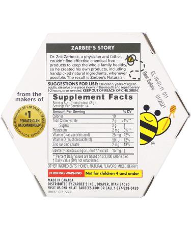 Zarbee's 96% Honey Cough Soothers & Immune Support - Natural Mixed Berry Flavor (Ages 5+, 14 Pieces) - Buy Online on GoSupps.com