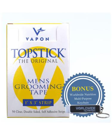 Vapon Topstick - The Original Men's Grooming Tape - Self Adhesive, Clear, Double Sided Tape for Toupee and Wig Adhesive - 50 Count of 1" x 3" Strong Tape Wig Strips with Bonus Key Chain 1/2 inch 1