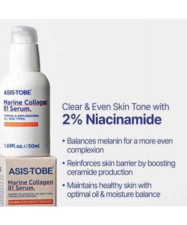 ASIS-TOBE Marine Collagen 81 Serum - Skin Firming and Radiance - Korean Hydrating Face Serum with 81% Low Molecular Hydrolyzed Collagen, Hyaluronic Acid and Niacinamide, 1.69 Fl Oz - Buy Online on GoSupps.com