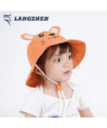 LANGZHEN Beach Sun Protection Hat for Baby Girls | Adjustable Toddler Kids Hat with Chin Strap | Wide Brim Summer Play Hat in Orange - Tiger Design - Buy Online on GoSupps.com