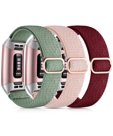 Epova 3 piece Nylon bracelet compatible with Fitbit Charge 3 bracelet/Fitbit Charge 4 bracelet breathable adjustable stretchy tidy fabric replacement bracelet for batch 4/batch 3 women's men's pine green/sand pink/winerot