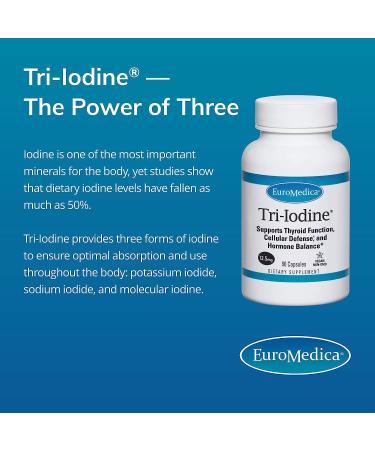 EuroMedica Tri-Iodine 12.5mg Capsules - Potassium, Sodium & Molecular Iodine Blend - Supports Thyroid & Immune Health - 90 Servings - Buy Online on GoSupps.com