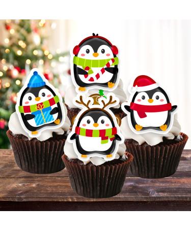 PRECUT Cute Penguin Cupcake Toppers Edible Penguin Cake Decorations Christmas Decorations Penguin Cake Topper (24)