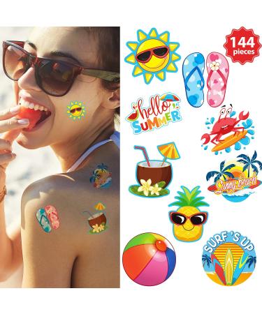 Hawaiian Luau Themed Temporary Tattoos - 144-Piece Set for Kids & Adults | Waterproof Tropical Beach Stickers for Summer Parties - Buy Online on GoSupps.com