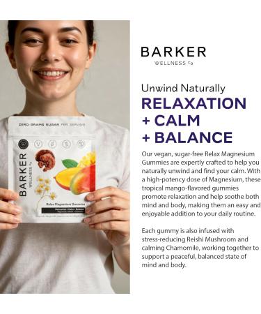 Barker Wellness Magnesium Relax Gummies | Advanced Stress & Muscle Tension Relief | Promotes Calm & Relaxation with Reishi Mushroom & Chamomile | Vegan Sugar-Free Tropical Mango | 60 Gummies - Buy Online on GoSupps.com