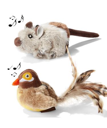 2-pack cat toys interactive plush cat toys mouse kittens chirping bird lifelike animal noises kitten toys for inside cat kitten practice brown