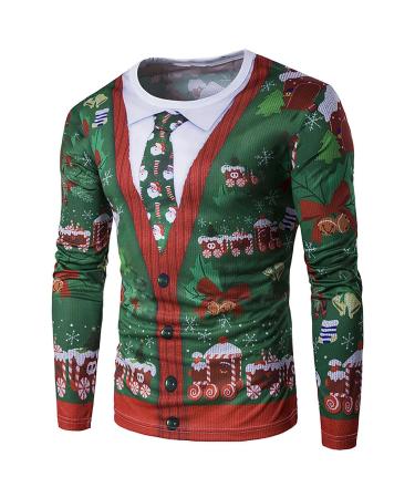 GXLONG Mens Ugly Christmas Crewneck Sweatshirt Xmas Funny 3D Print Fake Pullover Sweater Slim Fit Long Sleeve Pullover Shirt XX-Large Green