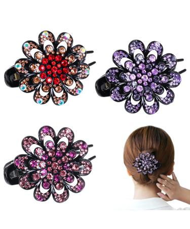 WYCHUN 3PCS Womens French Curved Duckbill Hair Clips for Women Flower Rhinestone Hair Barrettes for Thick Hair Multi-colored2