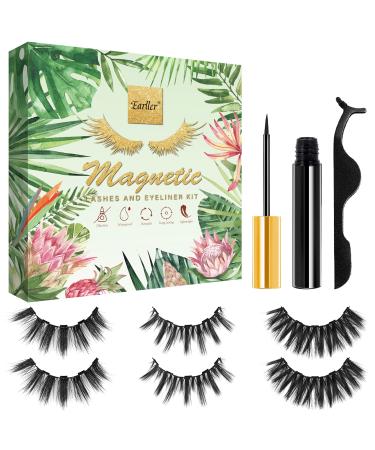 EARLLER Mink Magnetic Eyelashes with Eyeliner, 6D False Mink Lashes, Magnetic Mink Eyelash Kit, 3 Pairs Upgraded Reusable Magnetic Lashes Mink Look, Long Lashes No Glue Needed,Easy to Apply and Remove BF3101