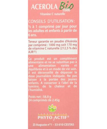 PHYTO-ACTIF | Ac rola Bio 1000 | Compl ment alimentaire Vitalit Bio | R duit la fatigue | Immunit | Vitamine C | 1000 mg d'Ac rola | 24 comprim s - Buy Online on GoSupps.com