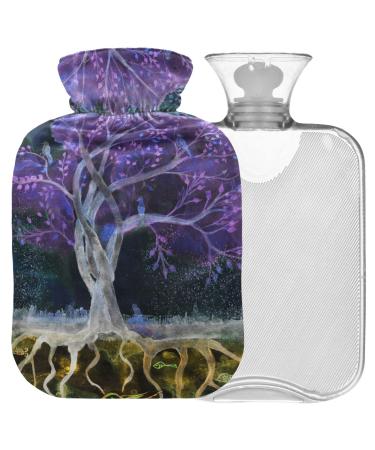 NAANLE hot water bottle with cover purple tree of life Transparent hot water bottle heat bottle for back pain relief handfoot warmer neck warmth and cold therapy 1l
