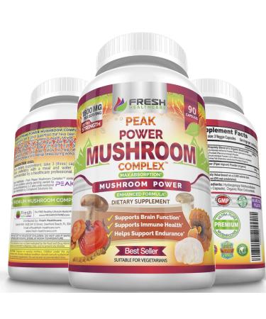 FRESH HEALTHCARE Mushroom Supplement - Lions Mane Cordyceps Reishi Turkey Tail and Shitake - Immune and Brain Support - Peak Power Mushroom Supplement - 90 Vegan Capsules