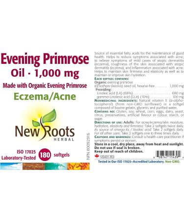 New Roots Herbal - Evening Primrose Oil 1 000 mg - 180 softgels - Made with Organic Evening Primrose - Eczema/Acne 180 count (Pack of 1) - Buy Online on GoSupps.com