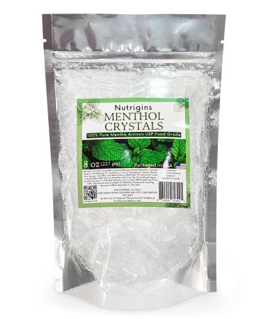 Nutrigins Menthol Crystal 8 Oz - Pure Organic 100% Natural - Menthol Crystals from Mint Mentha Arvensis - Comes in Resealable Standup Bag for Long-Lasting Freshness