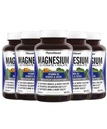 FarmHaven Magnesium Glycinate & Malate Complex w/ Vitamin D3 100% Chelated for Max Absorption Vegan  Bone Health Nerves Muscles 600 Capsules 300 Days