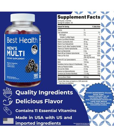 Best Health Men s Multivitamin Gummies Men s Multivitamin Gummies with CoQ10 Vitamins A C Zinc & More Natural BlackBerry Flavor with Other Natural Flavors (180ct) - Buy Online on GoSupps.com