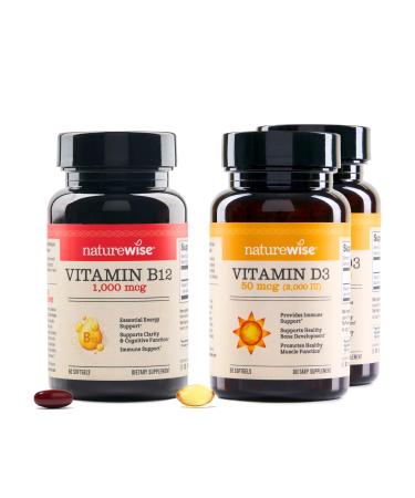 NatureWise 1 Vitamin B12 1000 mcg - Gluten-Free Non-GMO - 60 Softgels 60-Day Supply + (Pack of 2) Vitamin D3 2000iu + Organic Olive Oil 30 Mini Softgels 30-Day Supply