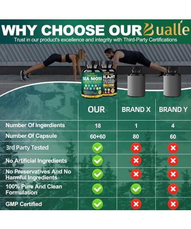 Bualle Sea Moss and Shilajit Bundle-Sea Moss 300mg,Black Seed Oil 100mg,Ashwagandha 50mg,Ginger & Shilajit 300mg,Rhodiola Rosea 100mg,Panax Ginseng 50mg,All in 1 Supplements-USA Made(2 Pack) 60 Count (Pack of 2) Sea Moss Sh  - Buy Online on GoSupps.com