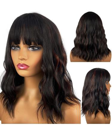 MIMISERVICE Wavy Bob Wig with Bangs - Black/Brown Highlights, 14 Inch Natural Looking Shoulder Length Curly Synthetic Hair Wig for Women - Buy Online on GoSupps.com