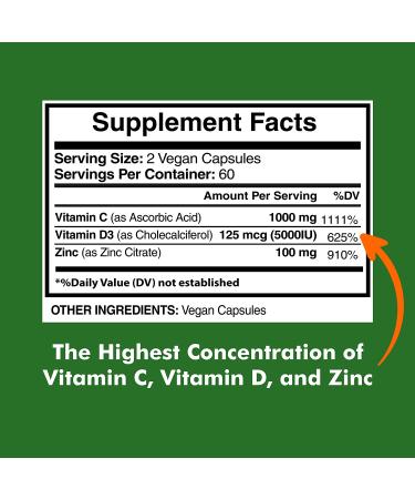 Immune Support Supplement with Zinc 100mg, Vitamin C 1000mg, Vitamin D 5000IU - 120 Vegan Capsules - Buy Online on GoSupps.com