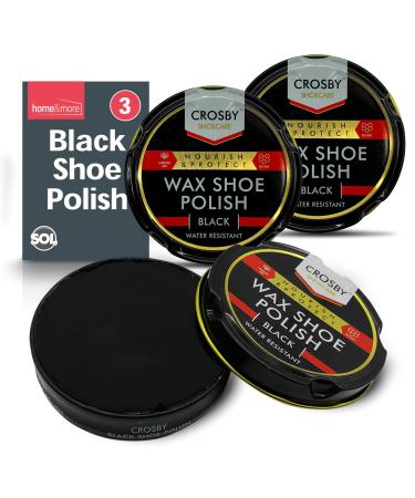 SOL 3pk Black Shoe Polish | 50ml Tins Black Boot Polish | Black Leather Shoe Polish with Beeswax & Carnauba Wax for lasting Shine & Care | Black Polish Shoes
