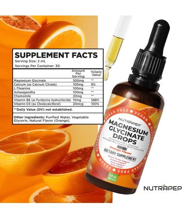 NutraPep Liquid Magnesium Glycinate Drops Supplement - 500mg Cortisol Complex with L-Theanine Ashwagandha Vitamin B6 Chamomile - Wellness Sleep Stress Mood Support for Adults Men Women - Buy Online on GoSupps.com
