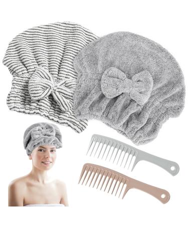 2 Pack Microfiber Hair Towel Cap Quick Drying Cap Soft Absorbent Towel and 2 Combs for Curly Long Thick Dry or Wet Hair (Stripe and Gray)
