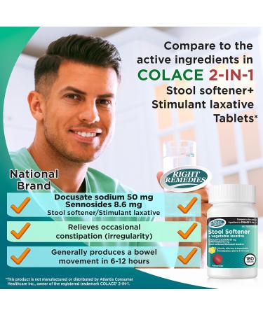 Right Remedies Natural Vegetable Laxative Plus Stool Softener (180 Tablets) Gentle Effective Dependable Constipation Relief in 6-12 hours Compare to the Active Ingredients in National Brand Product - Buy Online on GoSupps.com