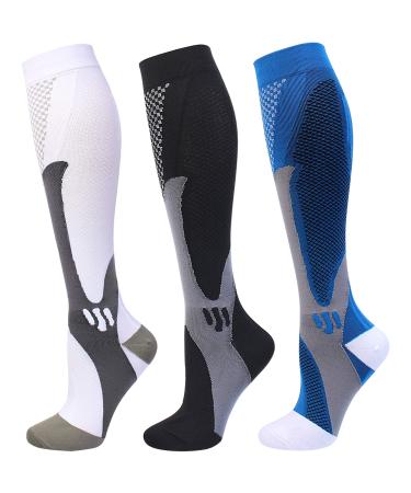 HYRIXDIRECT Compression Socks for Men Women 20-30 mmHg Medical Compression Socks for Sports Nurses Athletic Socks White+black+blue X-Large-XX-Large