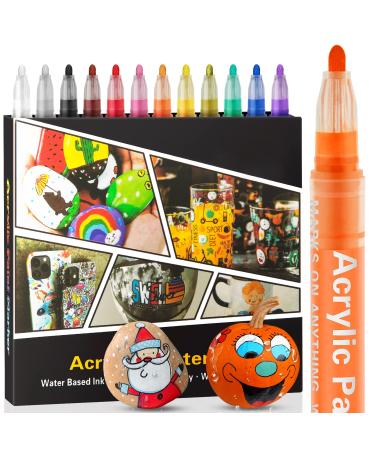 Acrylic Paint Pens Markers -12 Color Waterproof Paint Pens for Rock Painting Graffiti  Stone  Ceramic  Glass  Wood  Fabric  Canvas  Porcelain  Metal Water Based Quick Dry Non-Toxic and No Odor 12 New