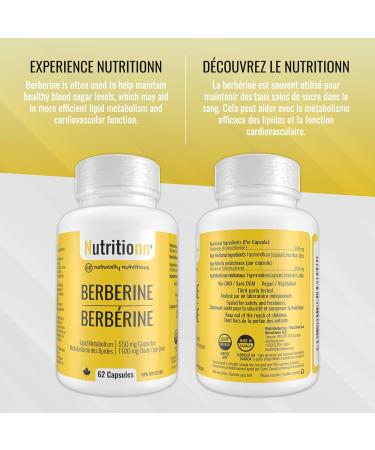 Berberine Supplement - Premium 550 mg Capsules 1100 mg Daily - Lipid Metabolism Heart and Cardiovascular Health for Men and Women - Non-GMO Third-Party Tested Made in Canada - Nutritionn - Buy Online on GoSupps.com