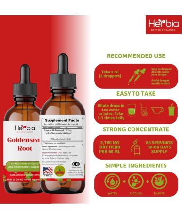 HERBIA Organic Goldenseal Root Extract Immune Support & Antioxidant Liquid Herbal Supplement Alcohol-Based 10:1 Concentrate Fast Absorption Made from Organically Grown Goldenseal 2 fl oz - Buy Online on GoSupps.com