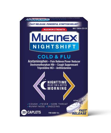 Mucinex Nightshift Cold & Flu Maximum Strength Powerful Multi-symptom Nighttime Relief 20 Fast Release Caplets - Pain Reliever/Fever Reducer Cough Suppressant Antihistamine - Buy Online on GoSupps.com