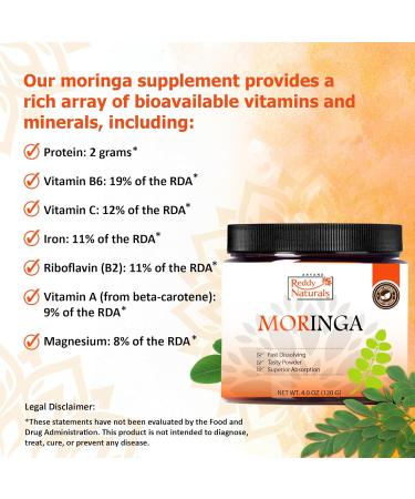 Reddy Naturals Aryana Moringa Powder - Organic Moringa Leaf Extract Superfood Powder Great-Tasting Fast-Dissolving Moringa 4.2 oz (120 g) - Buy Online on GoSupps.com