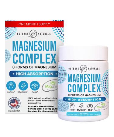 Outback Naturals Magnesium Complex Powder - 8 Types of Magnesium L-Threonate (Magtein) Glycinate Malate and More for Brain Health Relaxation Maximum Absorption - Unflavored 30 Servings