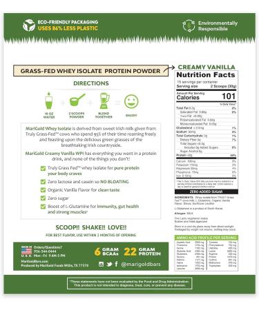MariGold Grass-Fed Whey Protein Isolate Powder - Creamy Vanilla | 100% Pure Non-GMO Cold-Processed Gluten & Lactose Free - 1 Lb Bag - International Shipping Available - Buy Online on GoSupps.com