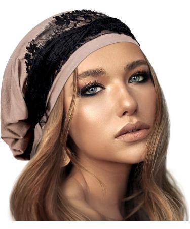 Taupe Cotton Headscarf with Black Lace - Handmade Pre-tied Tichel for Women - Buy Online on GoSupps.com