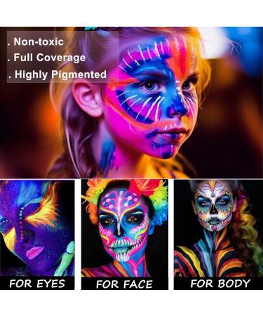 Glow Under UV Blacklight Face Paint - 10 Bright Colors Metallic Neon Palette Water-Based Makeup for Parties & Halloween - Includes Brushes for Kids & Adults - Buy Online on GoSupps.com