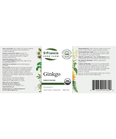 St. Francis Herb Farm Ginkgo (Ginkgo biloba leaf) Certified Organic Herbal Tincture Extract used in Herbal Medicine to support peripheral circulation it is also beneficial for improving cognitive behaviour and sleep patterns - 250ml 250 ml (Pack of 1) - Buy Online on GoSupps.com