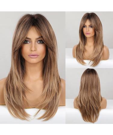 HAIRCUBE Long Ombre Brown Hair Wigs for Women Layered Synthetic Curly Hair Wig Middle Parting