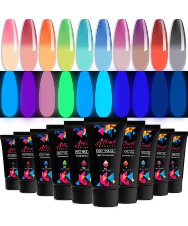 Astound Beauty Poly Nail Gel Kit with 10 Color Change and Glow in the Dark Gel - Poly Nail Gel Color Refill Kit