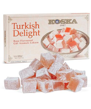 Rose Lukoums, Turkish Delight with Koska Rose Flavor | Gift Size 500g | Traditional Luxury Confectionery | Vegan | Halal | Kosher | Soft Candy Lokum Dessert (Loukoumi) | Gluten Free
