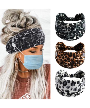 Aceorna Boho Button Headband Wide Knotted Hairbands Stretch Nurse Headbands Women Head Wraps Workout Ear Saver Hair Band Leopard Turban Headwear Yoga Hair Accessories for Women and Girls 3 Pcs (Set A)