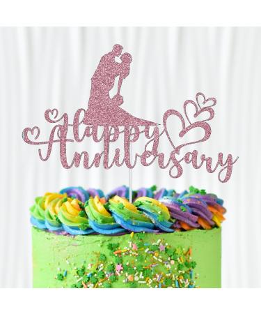 WedDecor Happy Anniversary Baby Pink Glitter Cake Topper Groom and Bride Cupcake Picks Toppers Dessert Cake Decoration Party Supplies for the Wedding Themed Engagement Anniversary Celebration Happy Anniversary - Groom and Bride Baby Pink