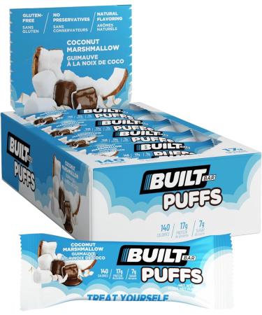 Built Bar 12 Pack High Protein and Energy Puffs- Low Carb Low Calorie Low Sugar- Delicious Healthy Snack - Gluten Free (12-Pack Coconut Marshmallow) Coconut Marshmallow 12-Pack - Buy Online on GoSupps.com