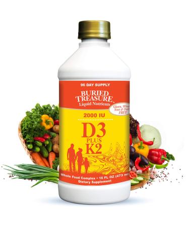 Buried Treasure Liquid Vitamin D3 Plus K2 Naturally Sourced D3 2,000 IU plus 80 mcg K2 (MK7) per 5ml serving - 96 servings - 16 fl oz